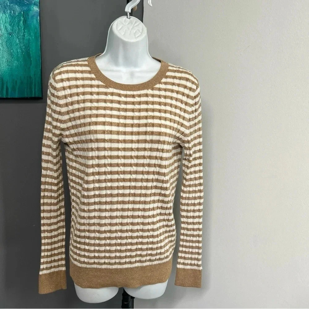 Talbots Women's Small Sweater Gold Stripe Wool Blend Metallic Preppy Sparkle